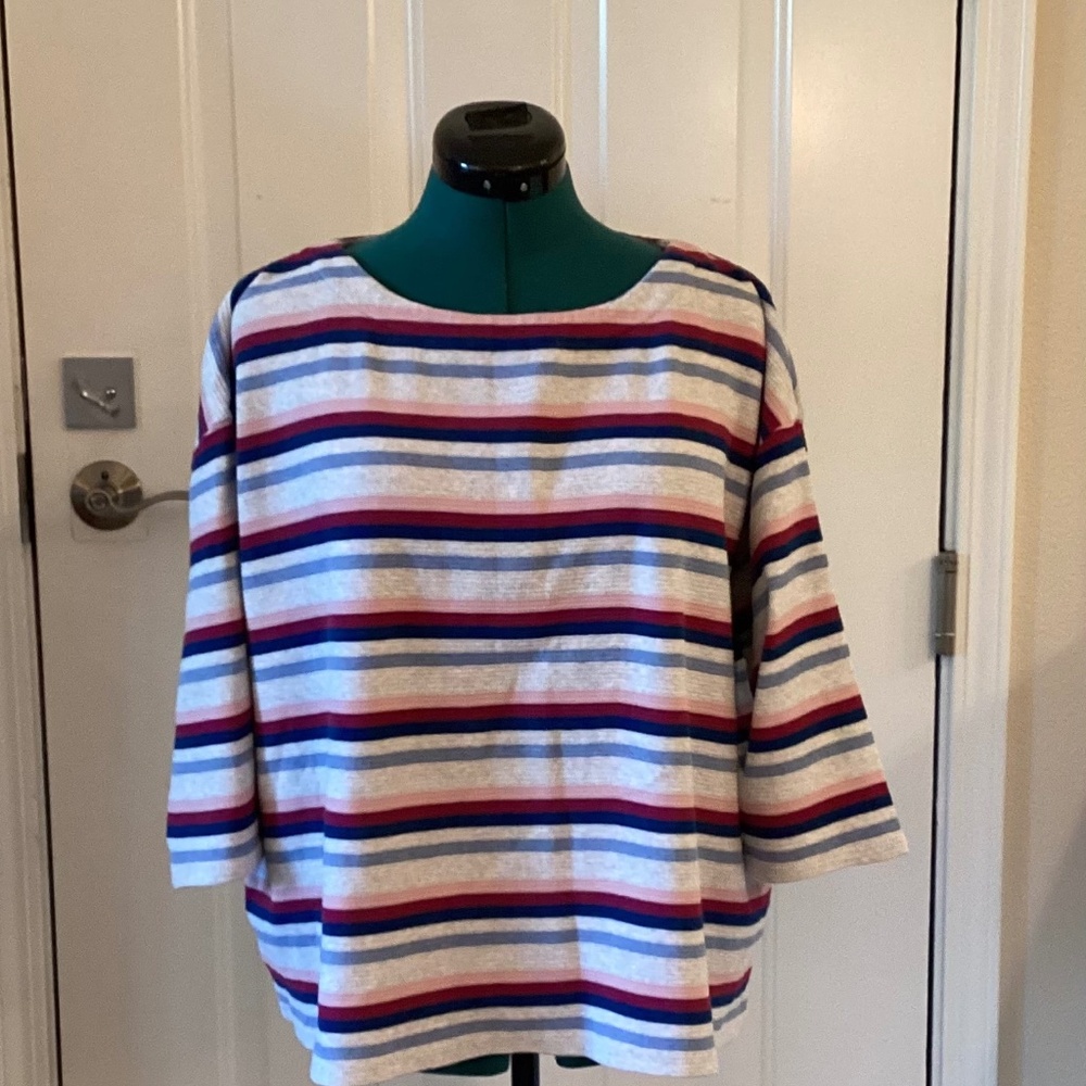 J Jill Boatneck 3/4 Sleeve Stretch Top XL cream blue pink Soft